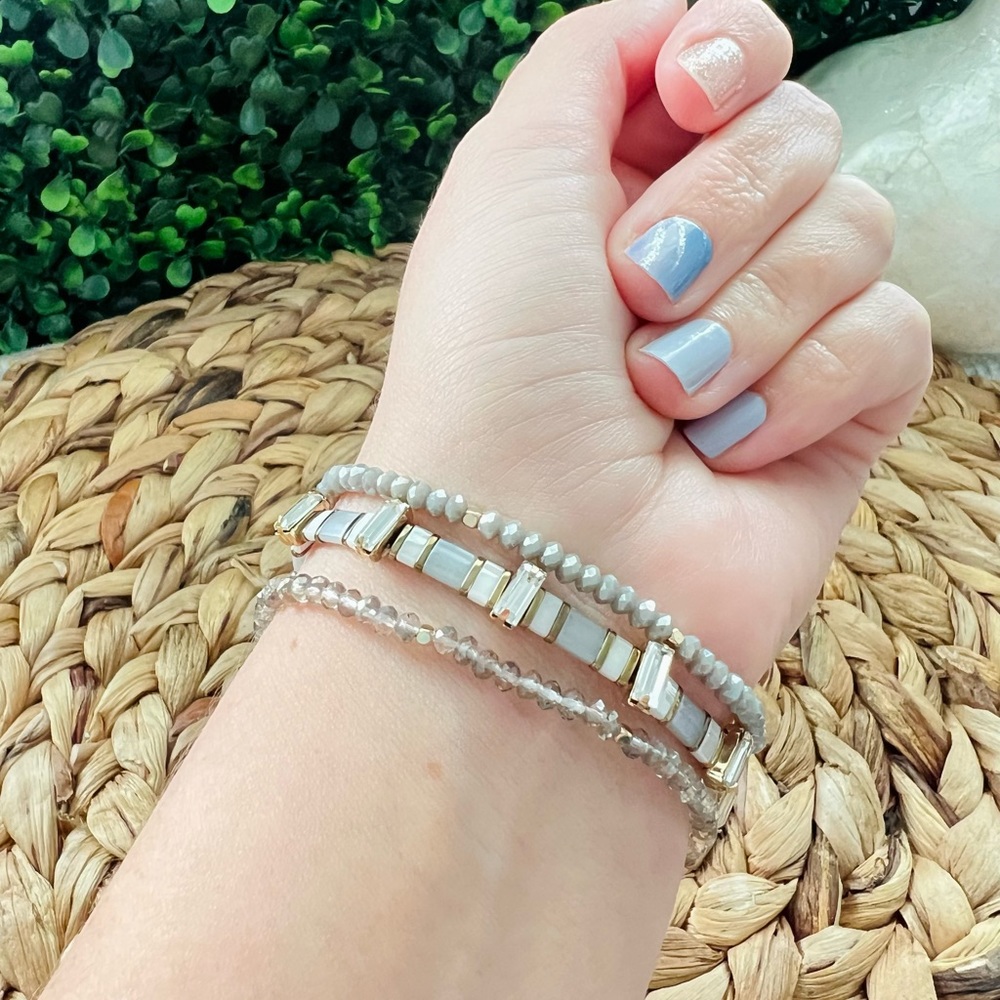 New Beaded Stretch Bracelet | Set of 3 | Bracelet Stack | Boutique | Gray Gold